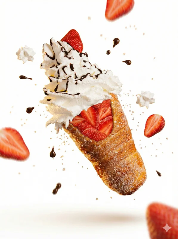 Banana chocolate trdelnik Prague - chimney cake with white chocolate shavings