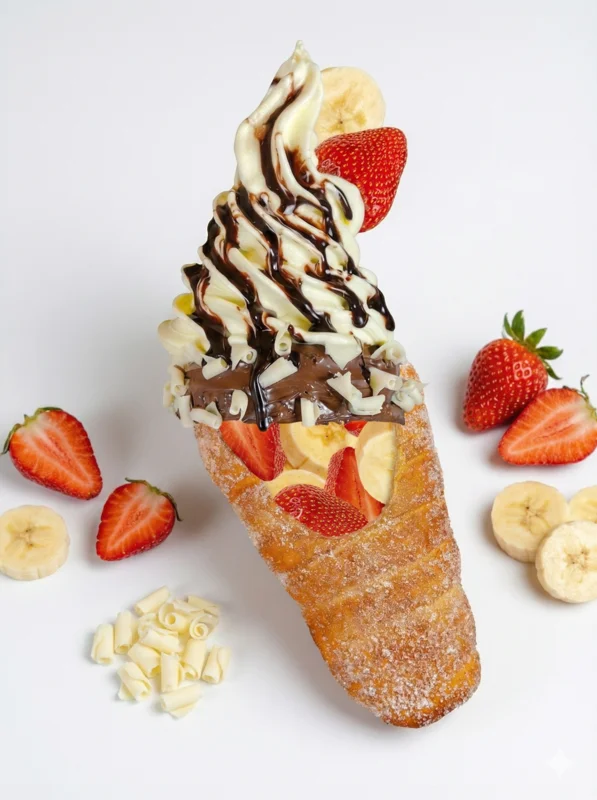 Pistachio trdelnik Prague - trdlo with strawberries and pistachio cream